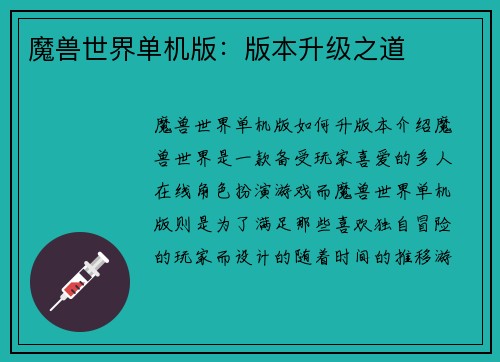 魔兽世界单机版：版本升级之道